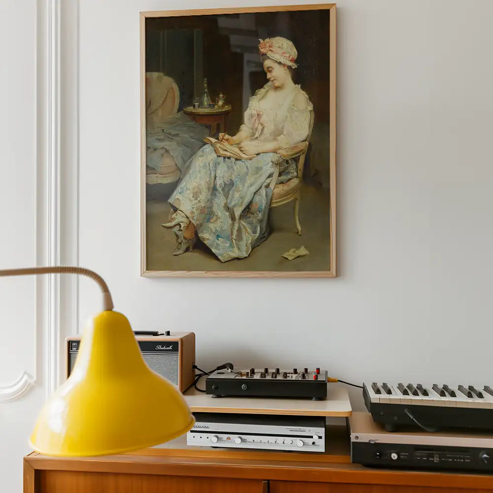 Painting of a woman in a blue dress reading in a chair, framed and hung on a wall above vintage audio equipment and a yellow lamp.