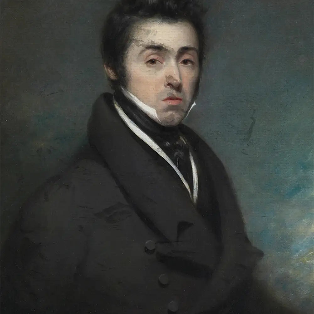 Portrait of a man in a black coat against a dark background.