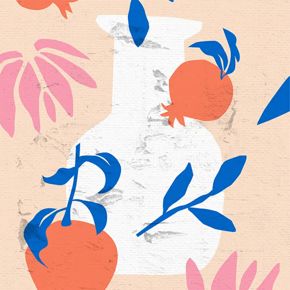 Modern abstract poster featuring a white vase, vibrant blue leaves, and stylized orange fruits against a soft pink background.