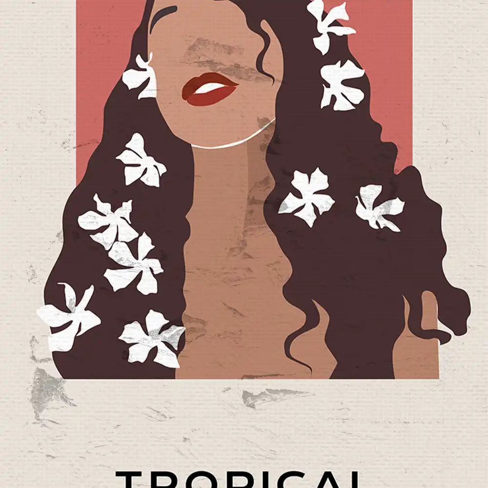 Modern tropical woman portrait with floral elements and vibrant colors, perfect for home decor.