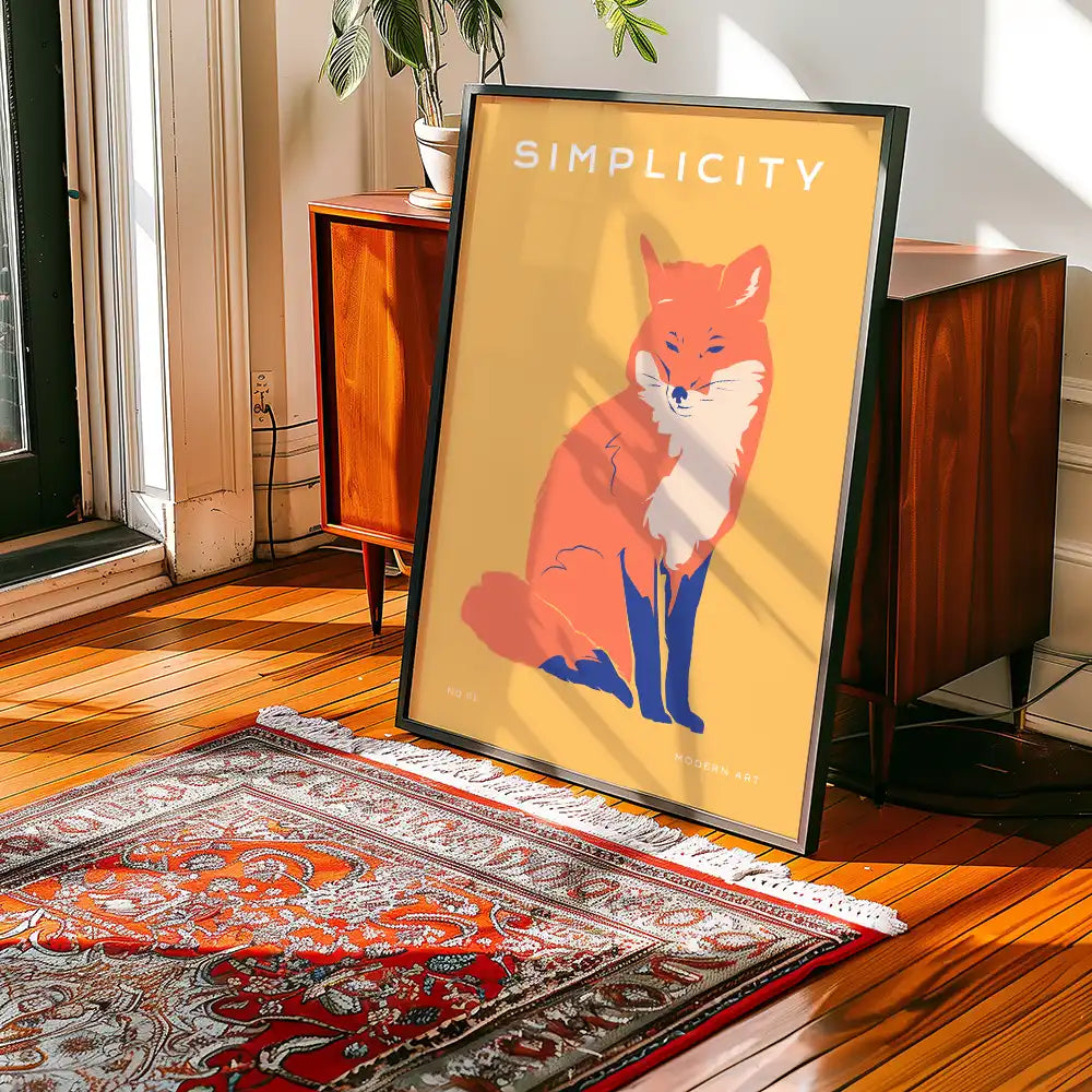 Modern poster featuring a stylized fox illustration with the word "Simplicity" against a vibrant orange background, ideal for contemporary home decor.