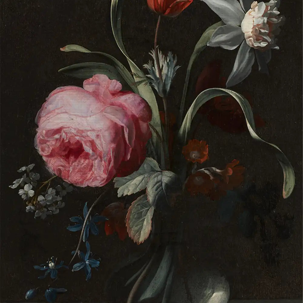 Still life painting of a pink peony and various flowers in a dark vase against a black background.