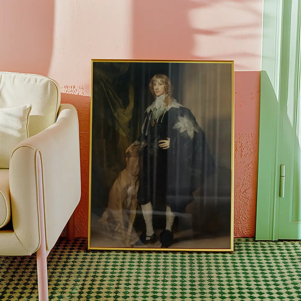 Portrait of a man in historical attire standing beside a dog, framed and leaning against a colorful wall in a modern interior setting.