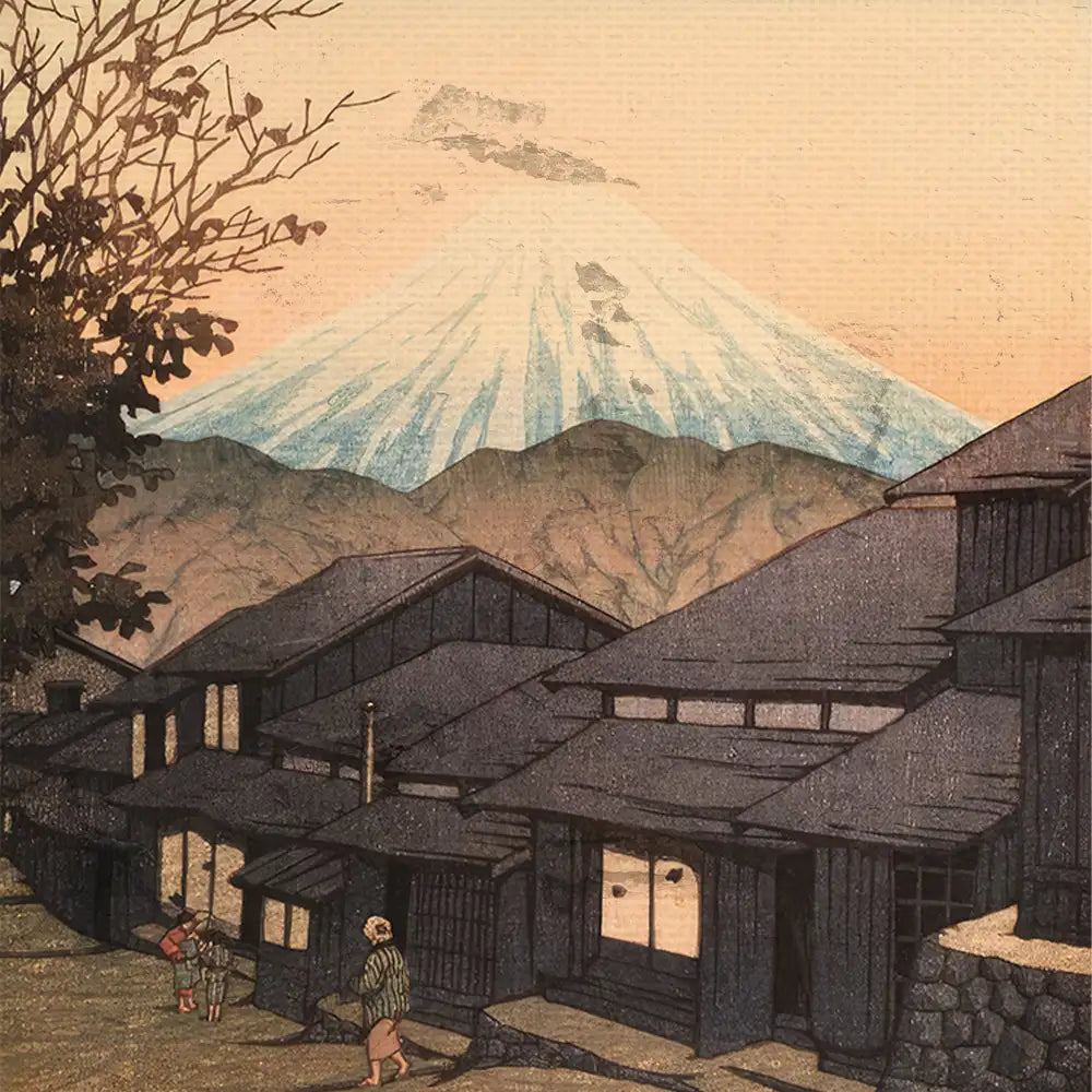 Japanese landscape painting featuring traditional houses with Mount Fuji in the background at sunset.