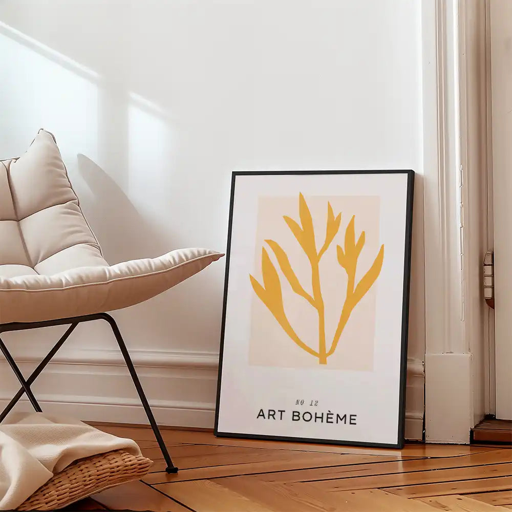 Modern floral art print featuring yellow botanical elements and minimalist design, ideal for home decor and wall art.