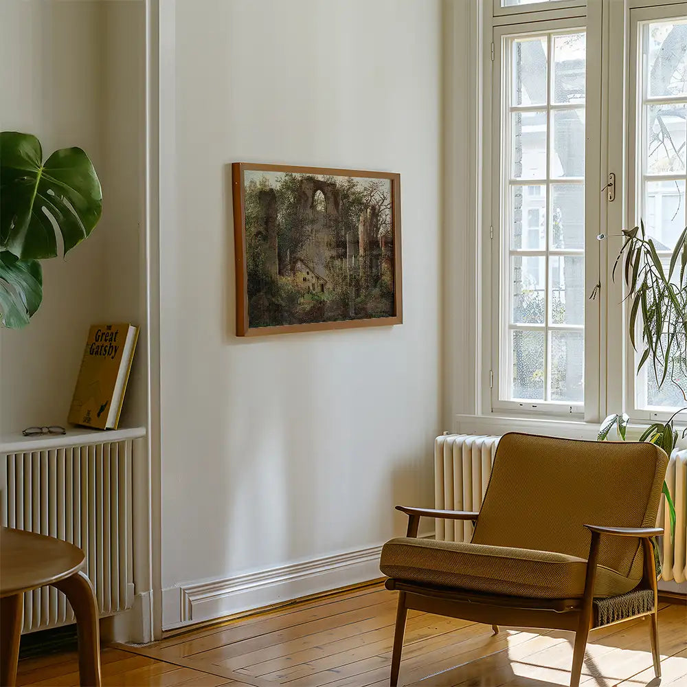 A rustic landscape painting framed on the wall above a wooden chair in a cozy interior setting with a potted plant and a book on a shelf.