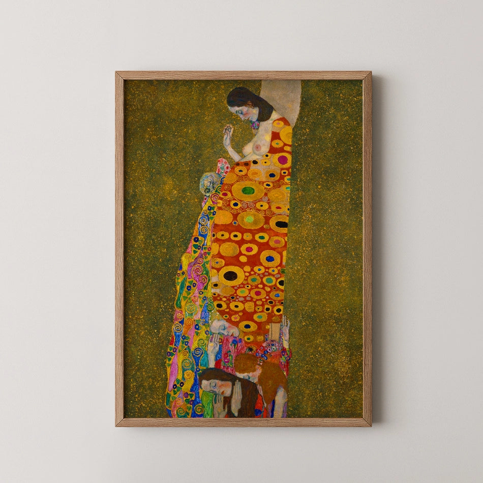 Framed painting featuring a colorful woman in a patterned dress, surrounded by abstract figures, set against a textured green background.