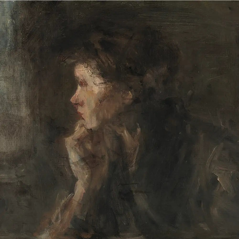Portrait of a contemplative woman, painted in dark, muted tones with expressive brushstrokes.