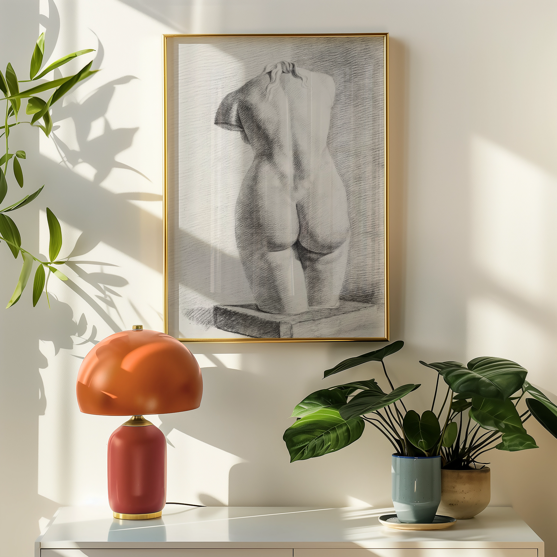 A monochromatic drawing of a sculpted torso framed in gold, displayed on a wall beside a stylish lamp and indoor plants.
