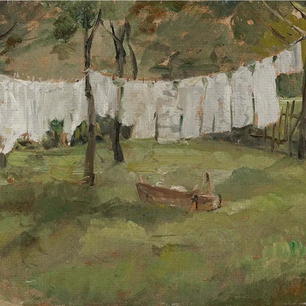 Painting of a serene outdoor scene featuring a wooden boat on grass, with white laundry hanging on a line between trees in the background.