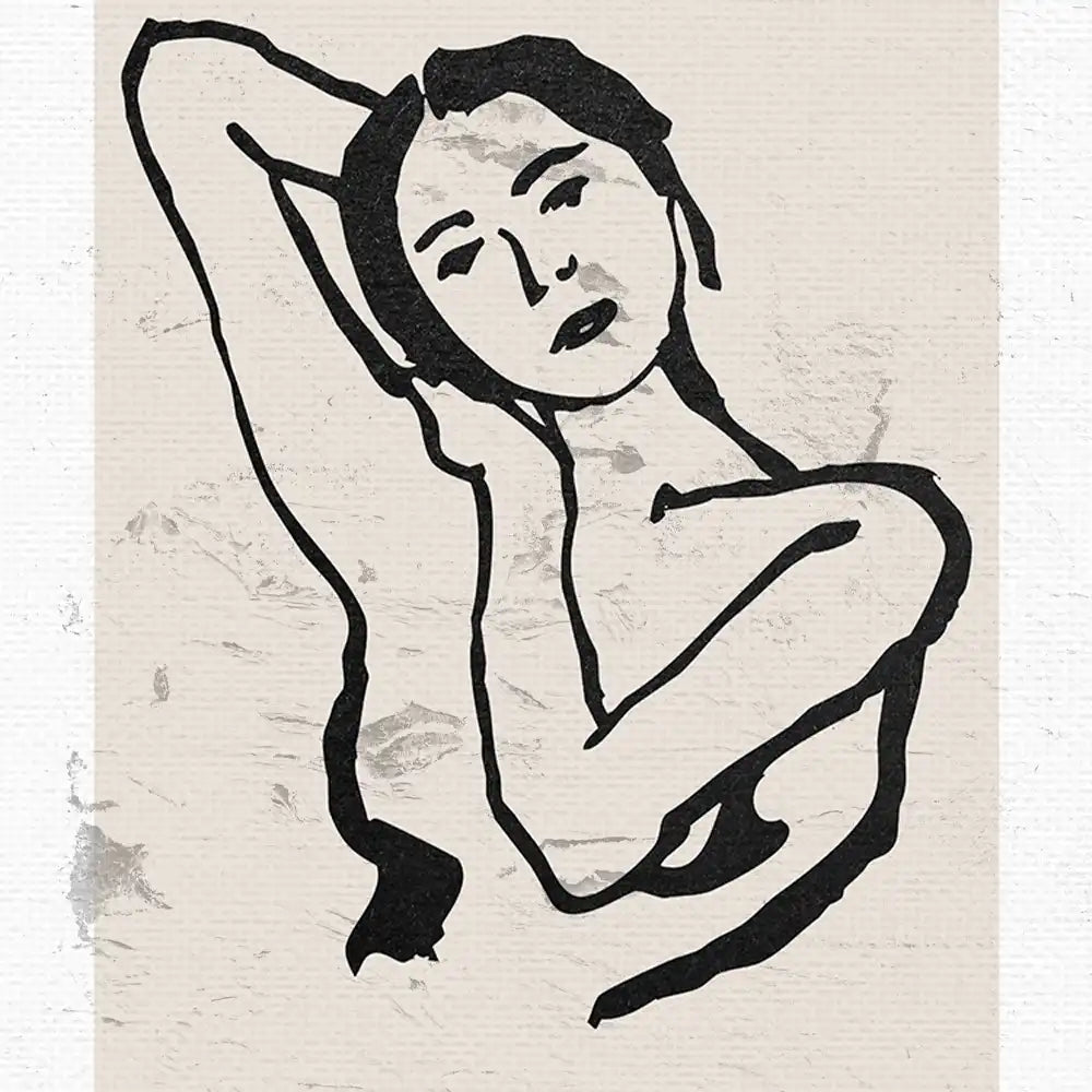 Modern poster featuring an abstract representation of a woman with an artistic black outline on a textured light background, perfect for home decor.