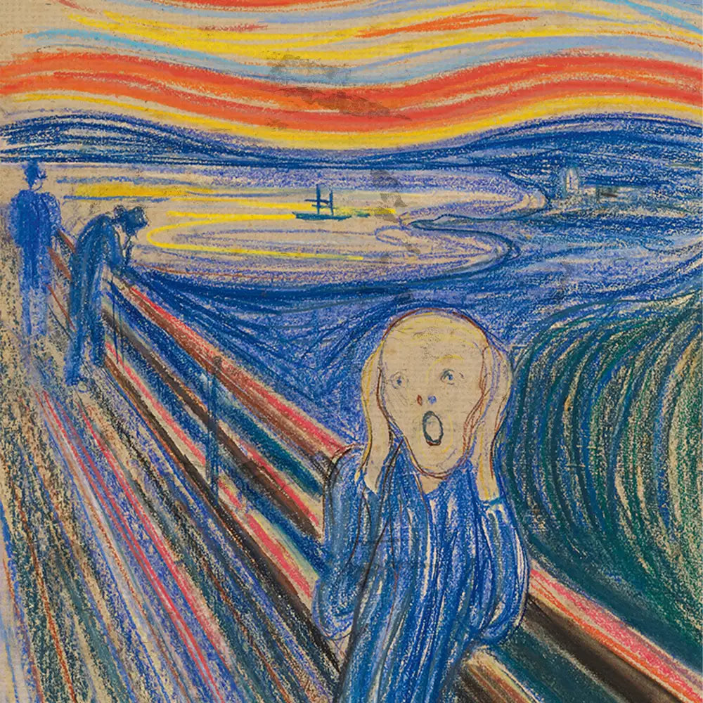A vibrant and emotional painting depicting a figure screaming against a dramatic sky with swirling colors, surrounded by other figures along a darkened path by the water.