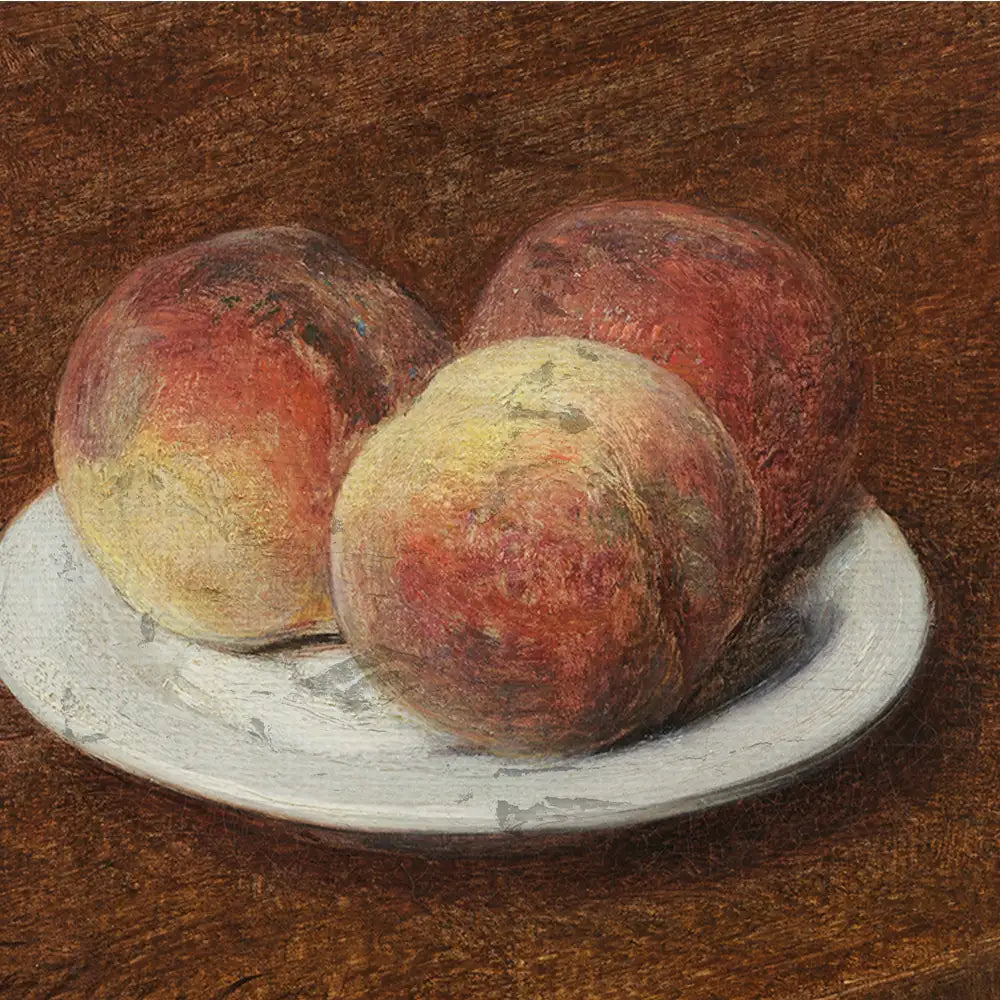 Still life painting of three peaches on a white plate against a brown background.