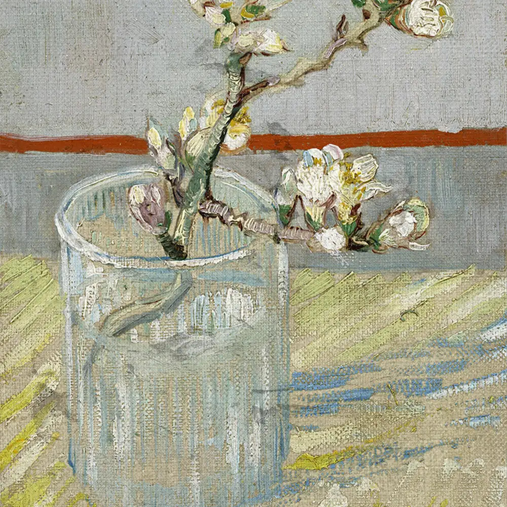 Painting of a flowering branch in a clear glass vase, set against a textured light gray background.