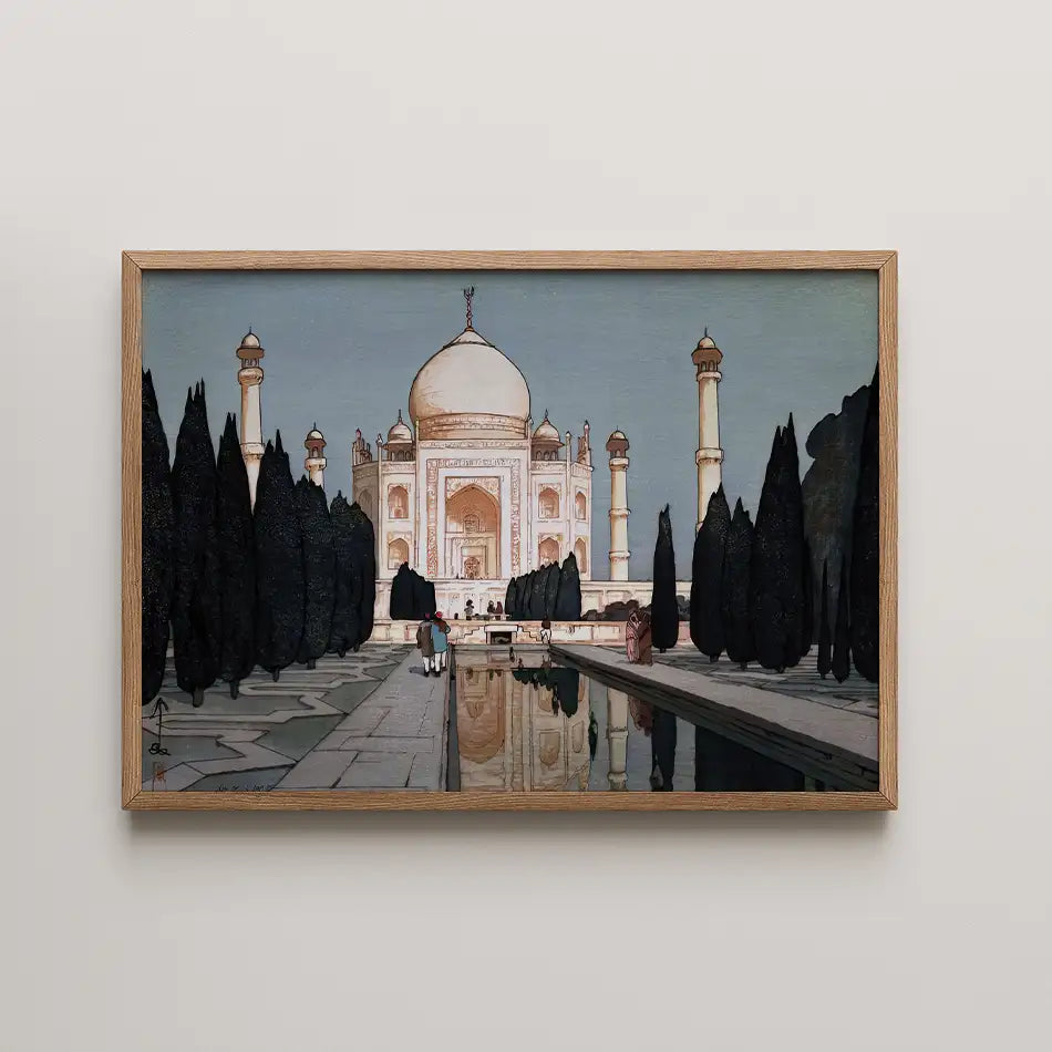 Painting of the Taj Mahal surrounded by lush greenery, framed in a Oak wood frame.