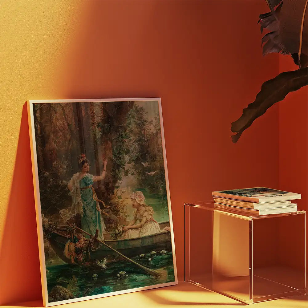 Vintage painting of two women in a boat surrounded by nature, displayed against an orange wall.