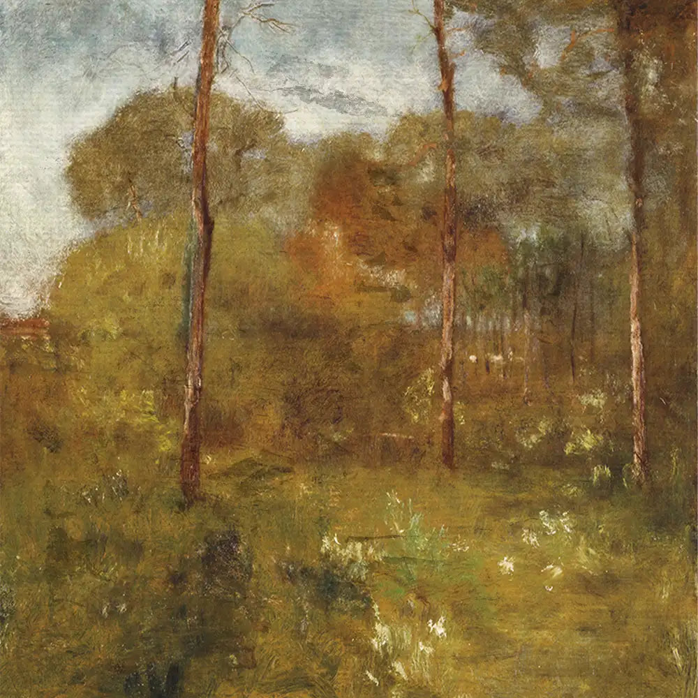 Painting of a serene forest landscape featuring tall trees and lush greenery under a cloudy sky.