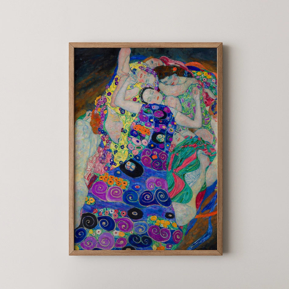 Framed colorful painting of three women embracing, adorned in vibrant patterns and swirling designs.