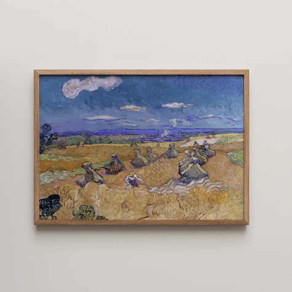 Framed painting of women harvesting wheat under a blue sky with clouds, inspired by Vincent van Gogh.