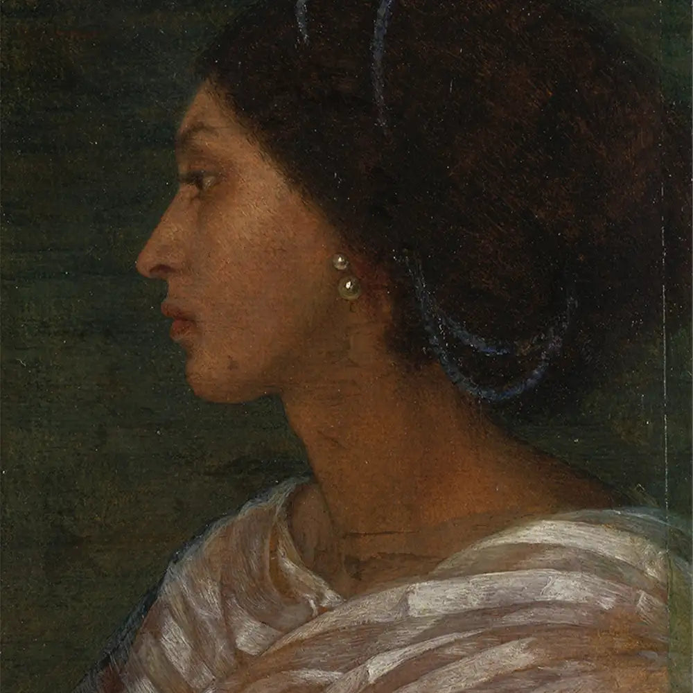 Profile portrait of a woman with dark hair styled elegantly, wearing a white garment and pearl earrings against a muted green background.