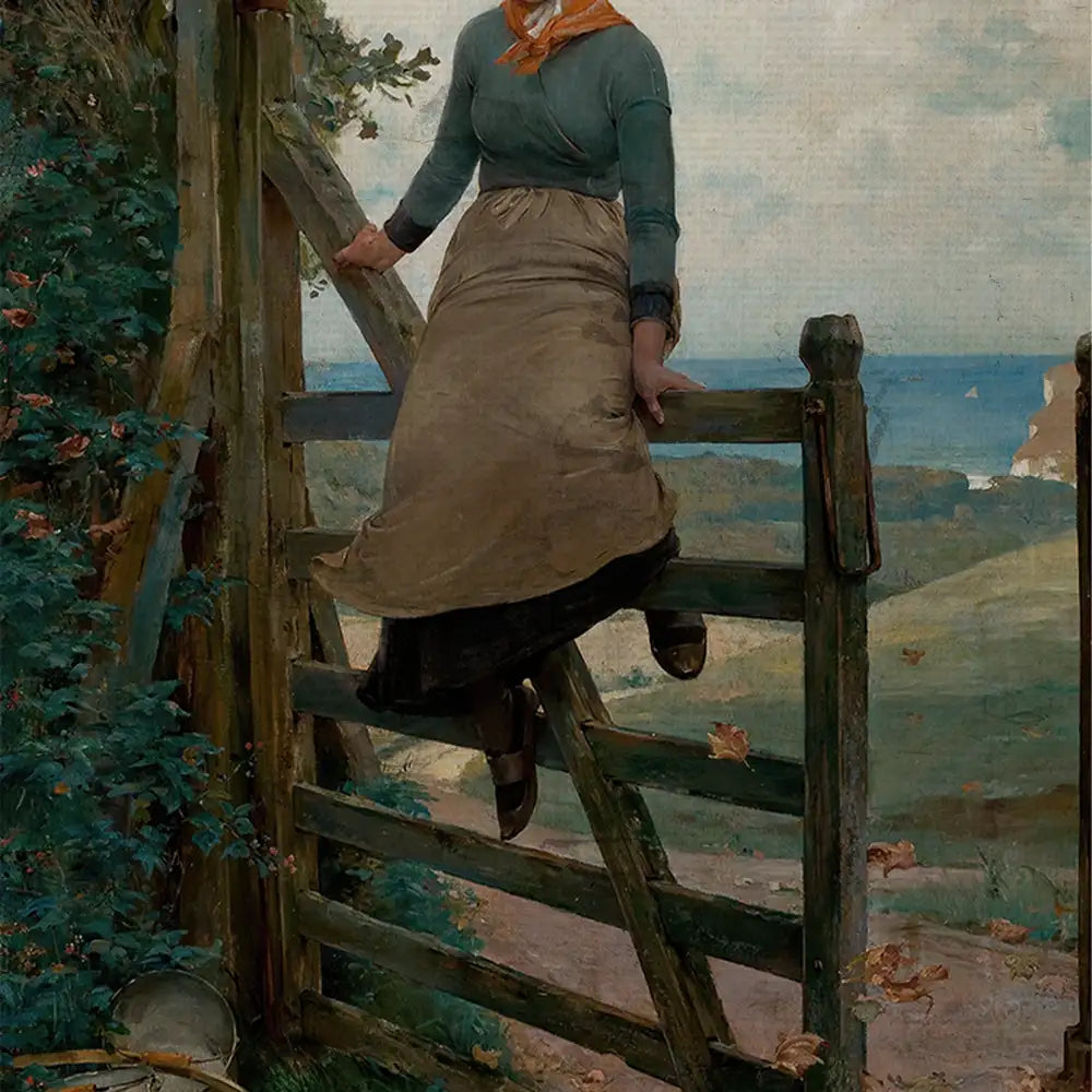 A woman in period clothing sits on a wooden fence, overlooking a scenic landscape with hills and a body of water in the background.