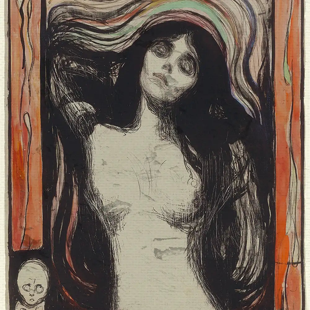 Artistic black and white painting of a woman with long flowing hair, featuring abstract colors and a small figure in the corner.