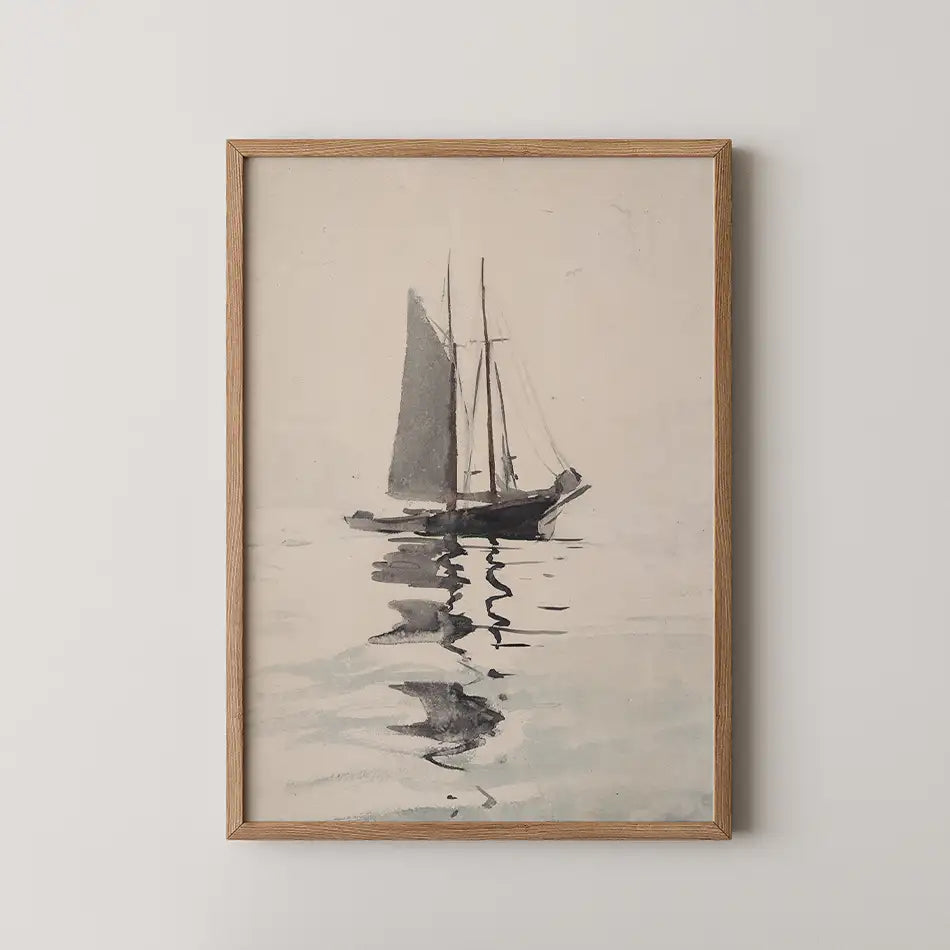 Framed painting of a sailboat on calm water, rendered in monochromatic tones.