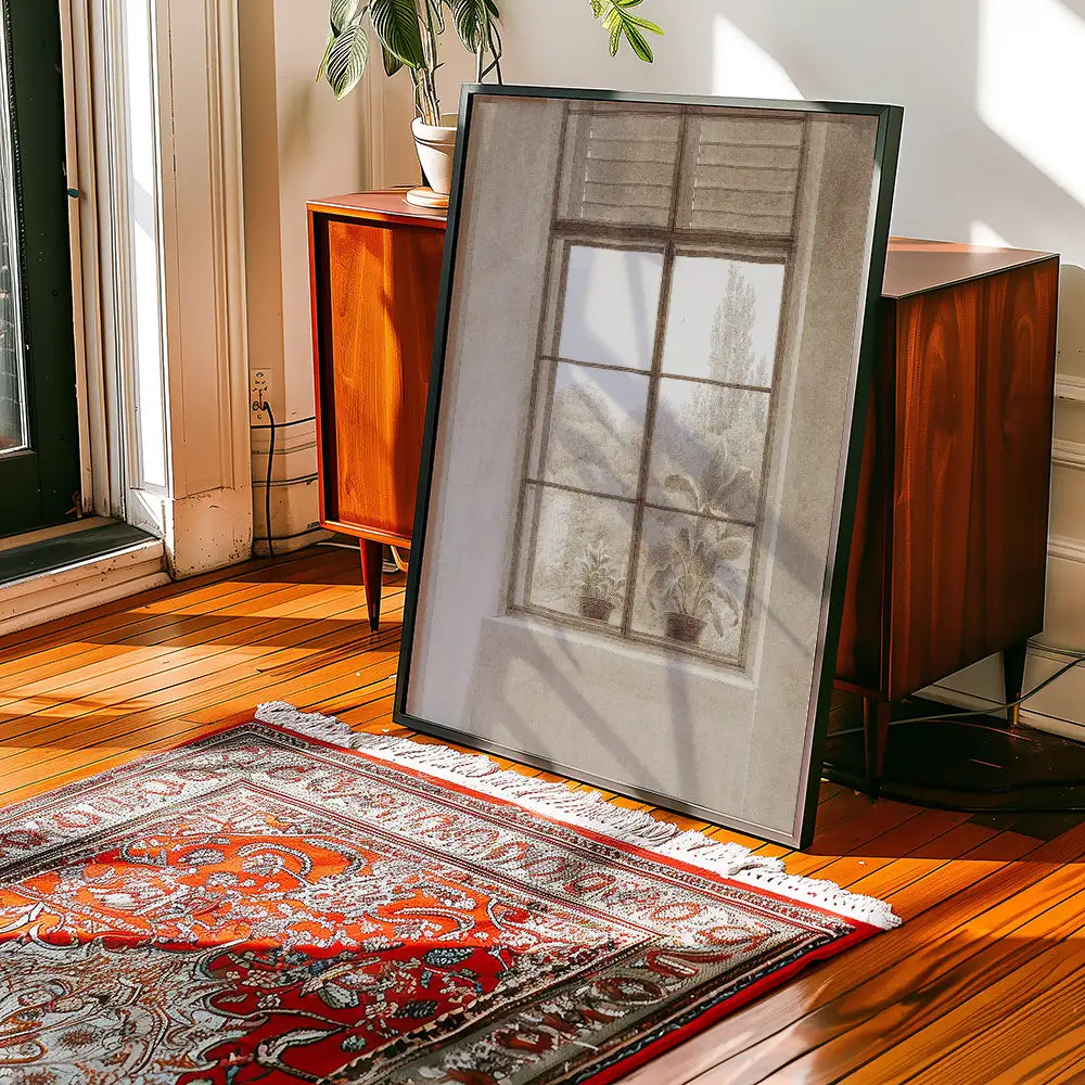 Framed painting of a window with plants, placed on a wooden floor beside a patterned rug and furniture in a sunlit room.