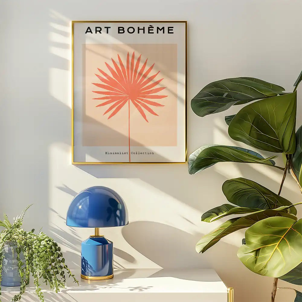 Modern minimalist poster featuring a stylized coral palm leaf, framed in gold, with "ART BOHÊME" and "Minimalist Collection" text, perfect for contemporary home decor.