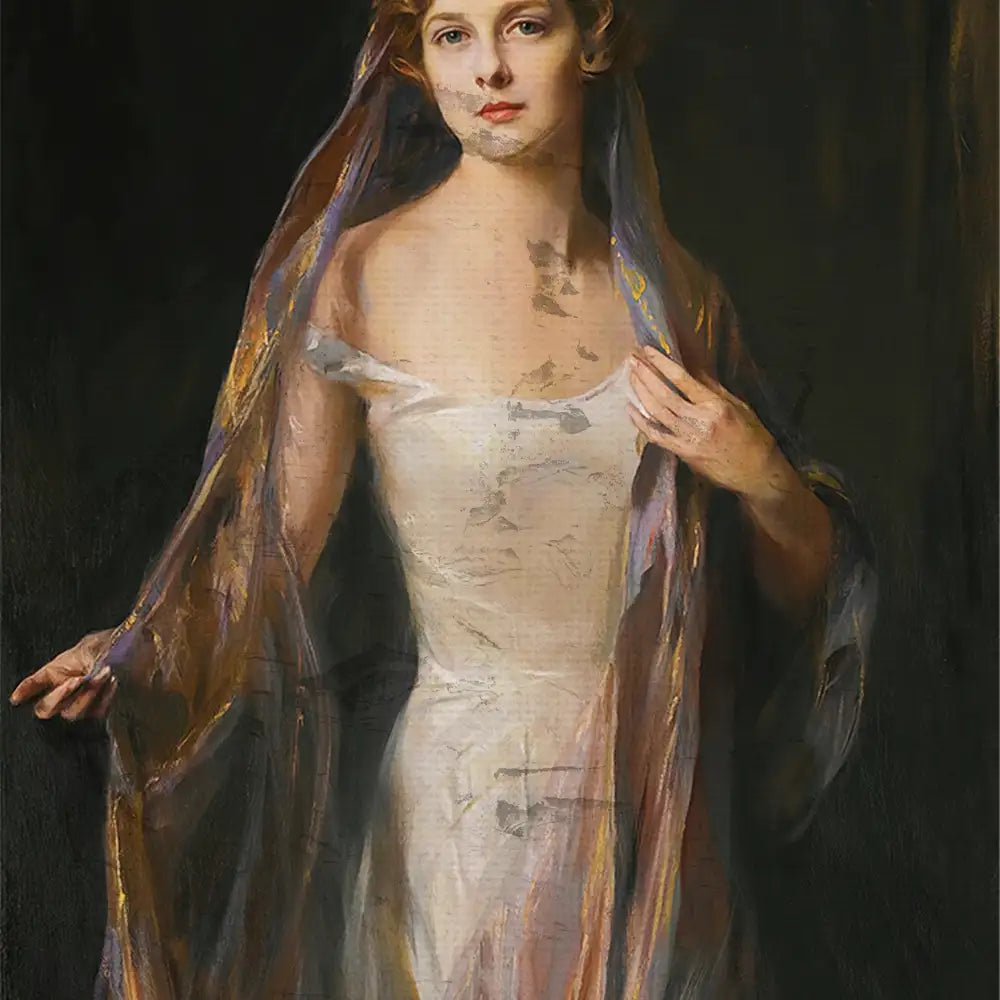 A portrait of a woman in a flowing dress and sheer shawl against a dark background, showcasing soft colors and delicate brushwork.