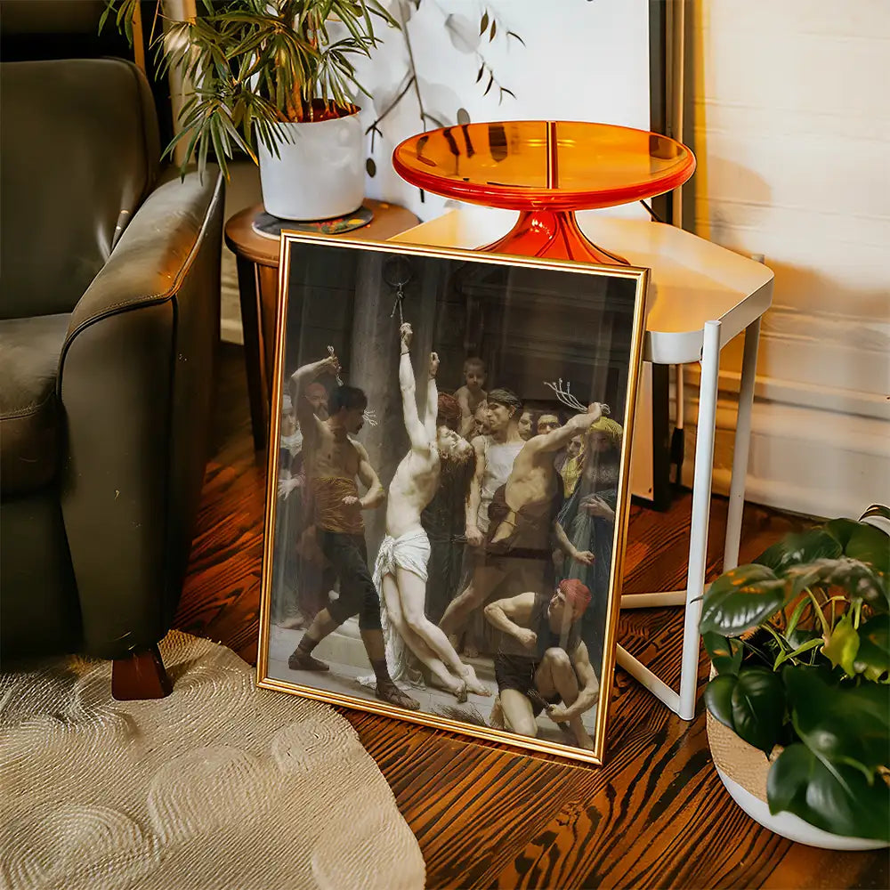 Framed painting depicting a historical scene with figures in dynamic poses, displayed in a stylish interior setting.