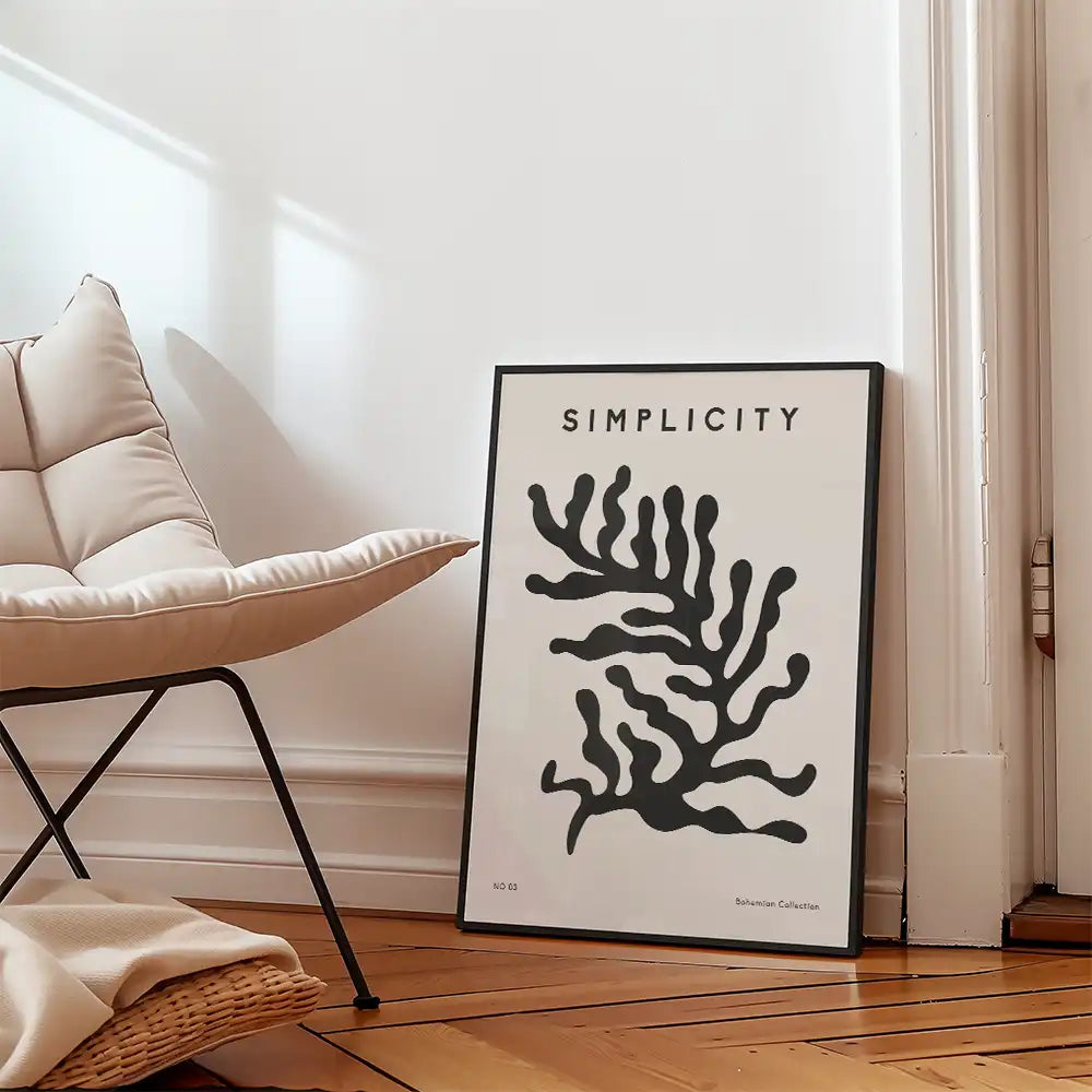 Modern poster featuring a minimalist black and white design with the word "Simplicity," ideal for contemporary home decor.