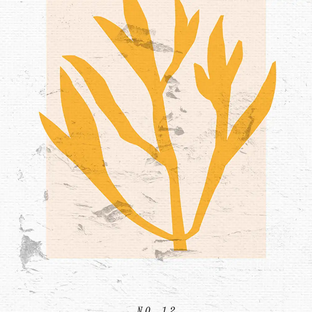 Modern poster featuring a minimalist design of a yellow botanical silhouette against a textured neutral background, perfect for home decor.