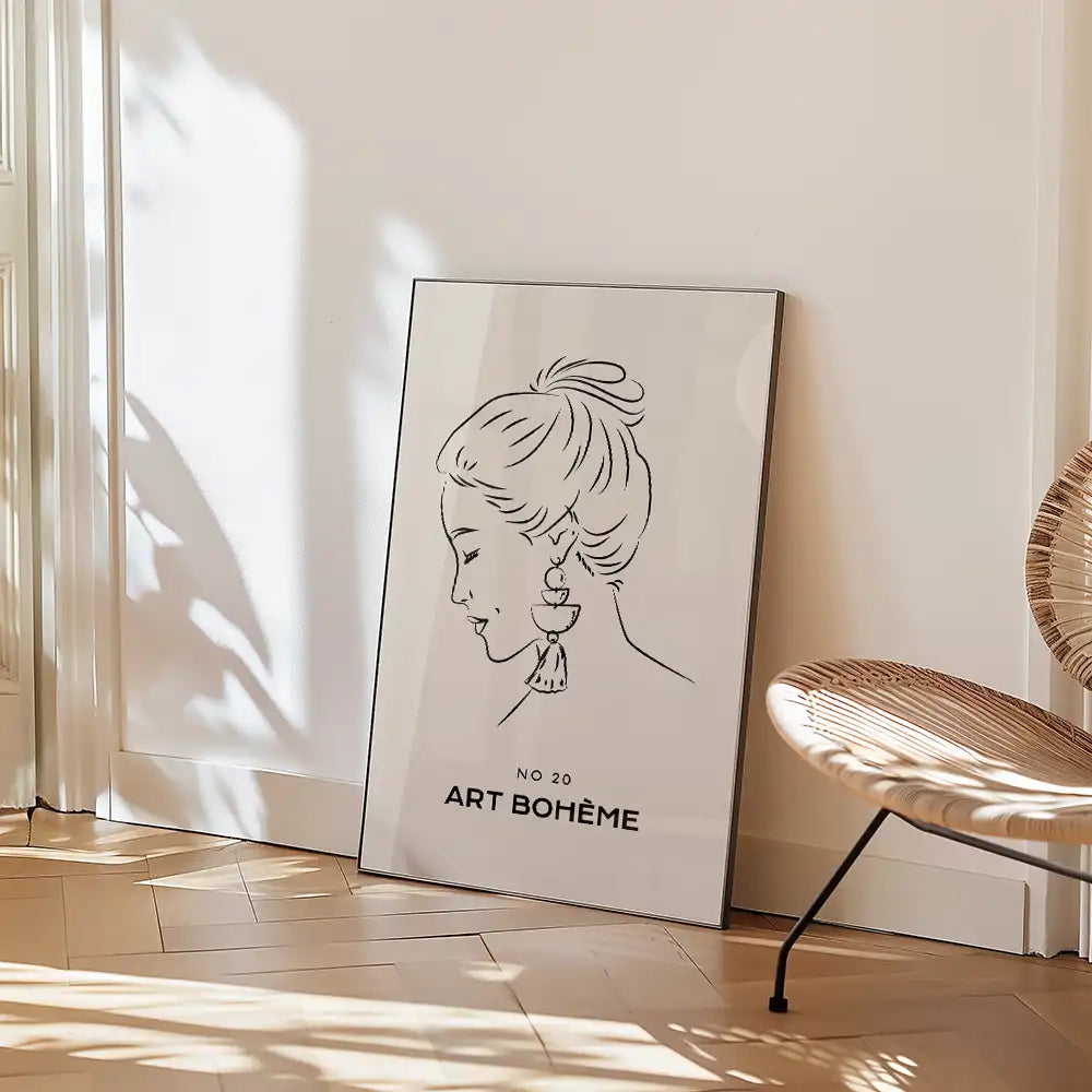 Modern minimalist poster featuring a woman's silhouette with the text "No 20 Art Bohème," perfect for chic home decor.