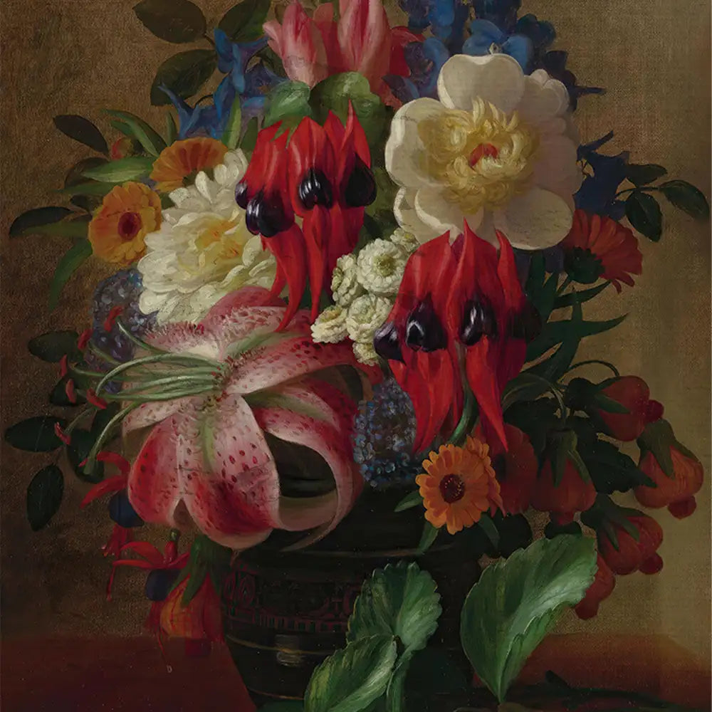A vibrant still life painting of a bouquet featuring red and orange flowers, white peonies, blue delphiniums, and various green leaves, set against a textured brown background.