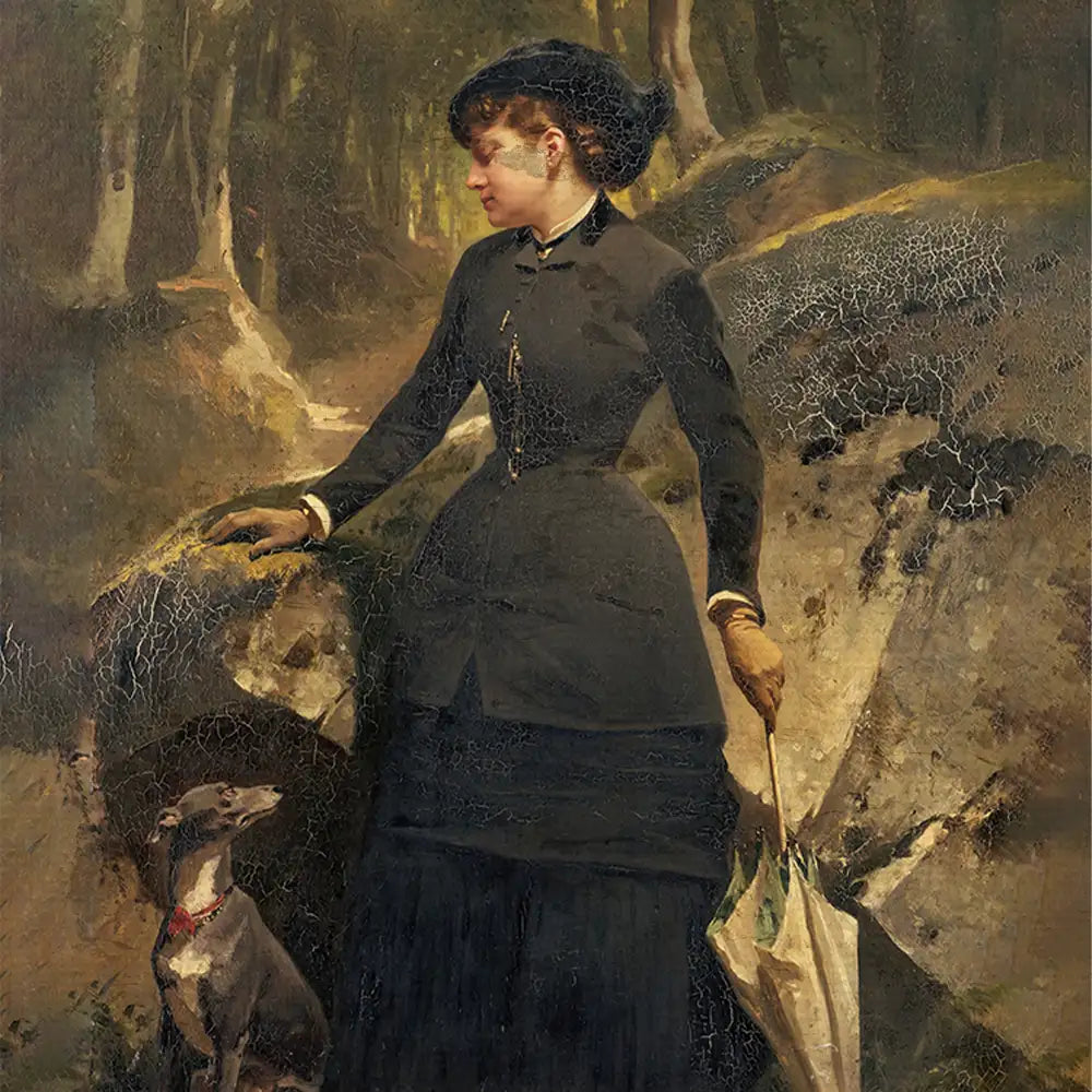 A woman in a black Victorian dress stands next to a greyhound in a forested landscape, holding an umbrella and gazing thoughtfully.