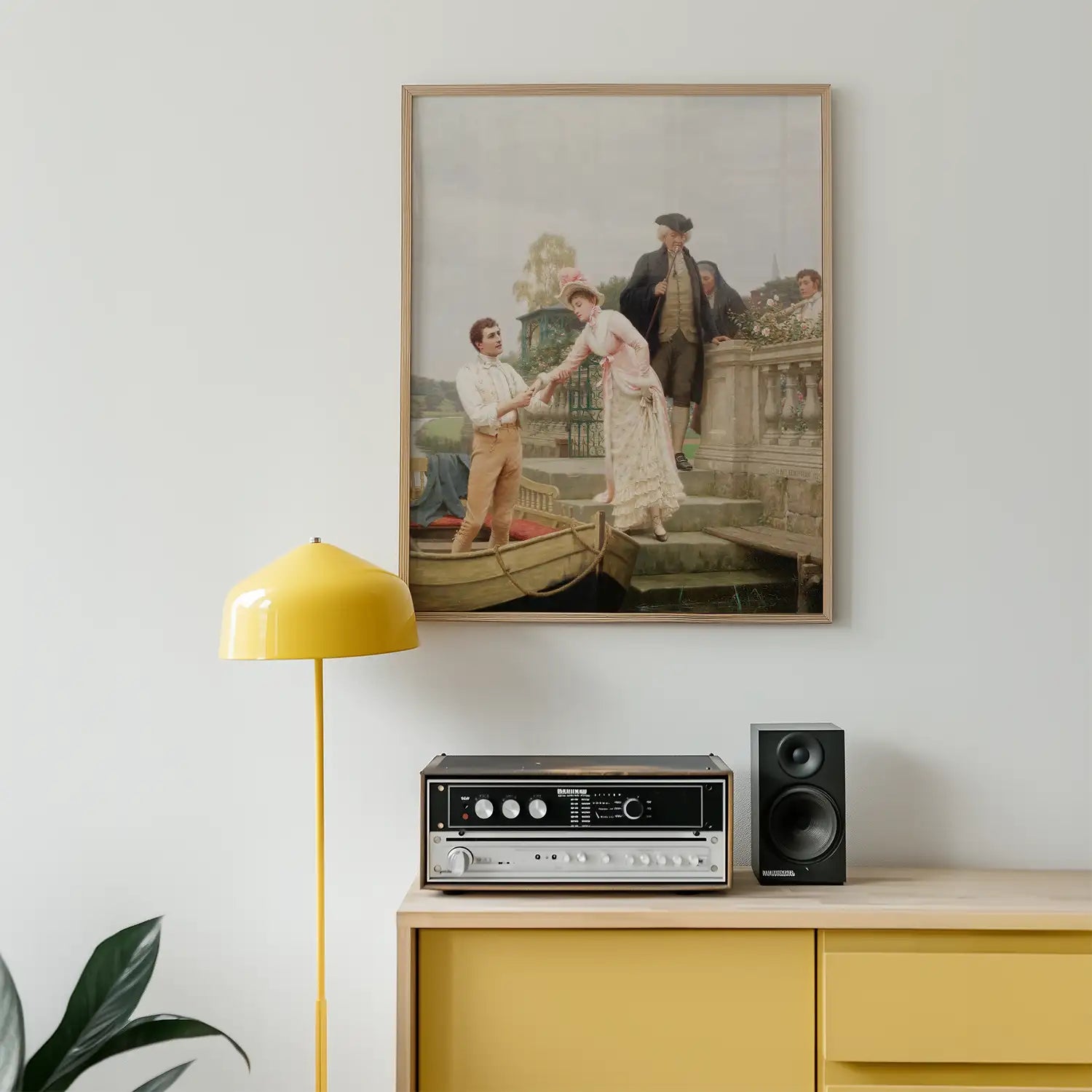 Vintage painting depicting a romantic scene by a river with a boat, featuring a man and a woman interacting, framed and displayed on a wall above a yellow lamp and a vintage audio system.