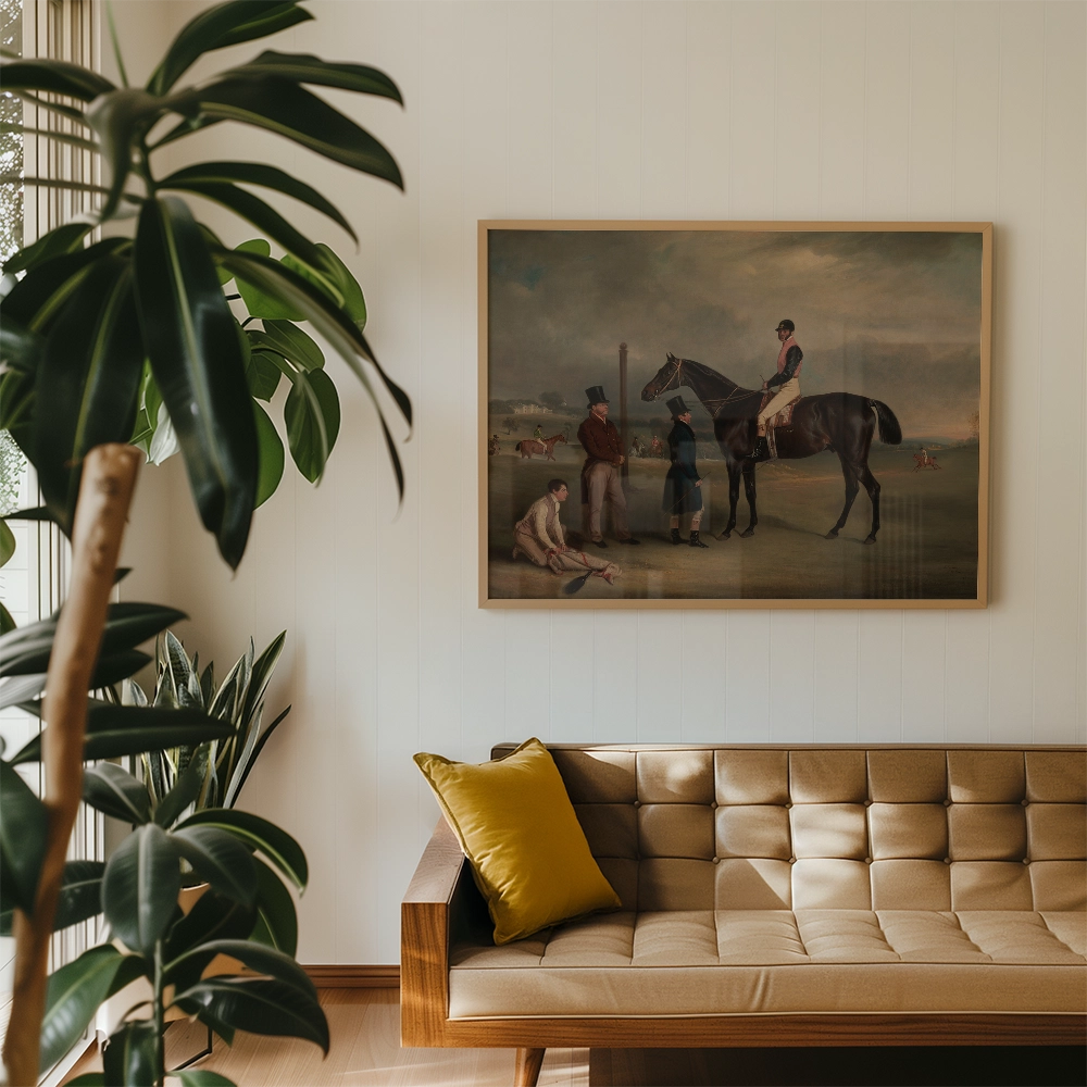 Framed painting of a horse and riders displayed on a wall in a modern living room with a beige sofa and potted plants.