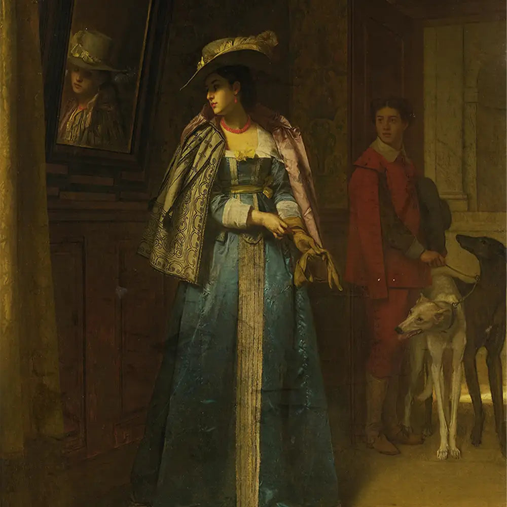 Portrait of a elegantly dressed woman in a blue gown with a cape and a large hat, standing beside a man in a red outfit and two greyhounds, with a mirror reflecting her image.