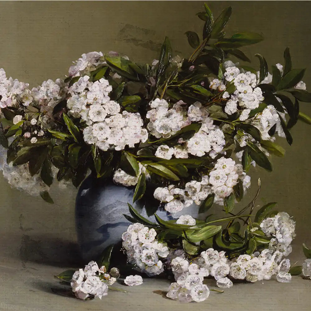 A vibrant still life painting of a vase filled with delicate white flowers and lush green leaves against a soft muted background.