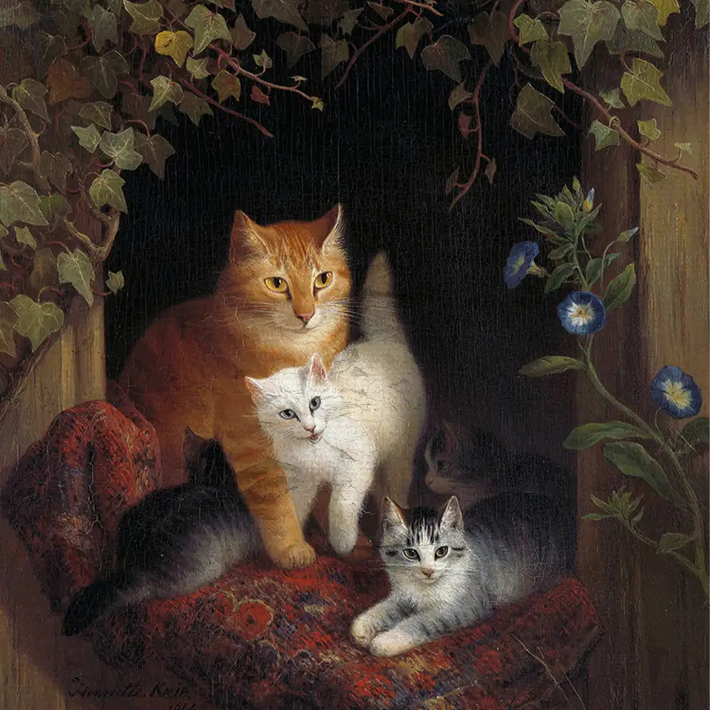 Painting of four cats, including an orange tabby, a white cat, a gray tabby, and a black kitten, sitting on a patterned rug surrounded by ivy and flowers.