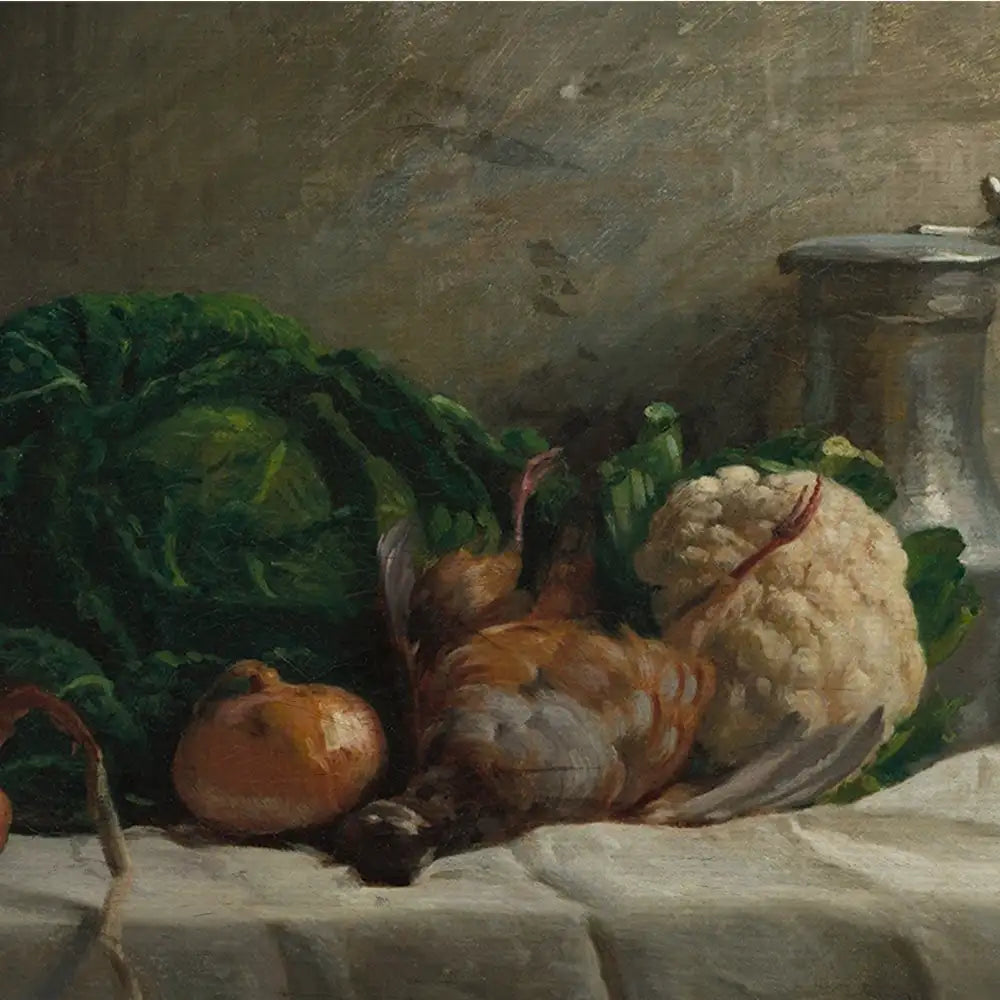 Still life painting featuring an arrangement of green cabbage, cauliflower, a tangerine, and two game birds on a white tablecloth.