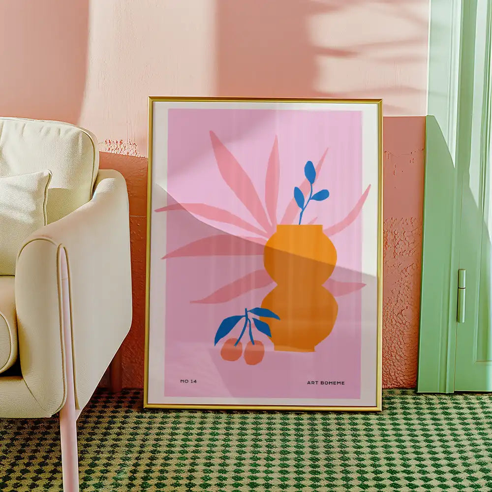 Modern poster featuring a stylized vase and foliage design in vibrant colors, ideal for contemporary decor.