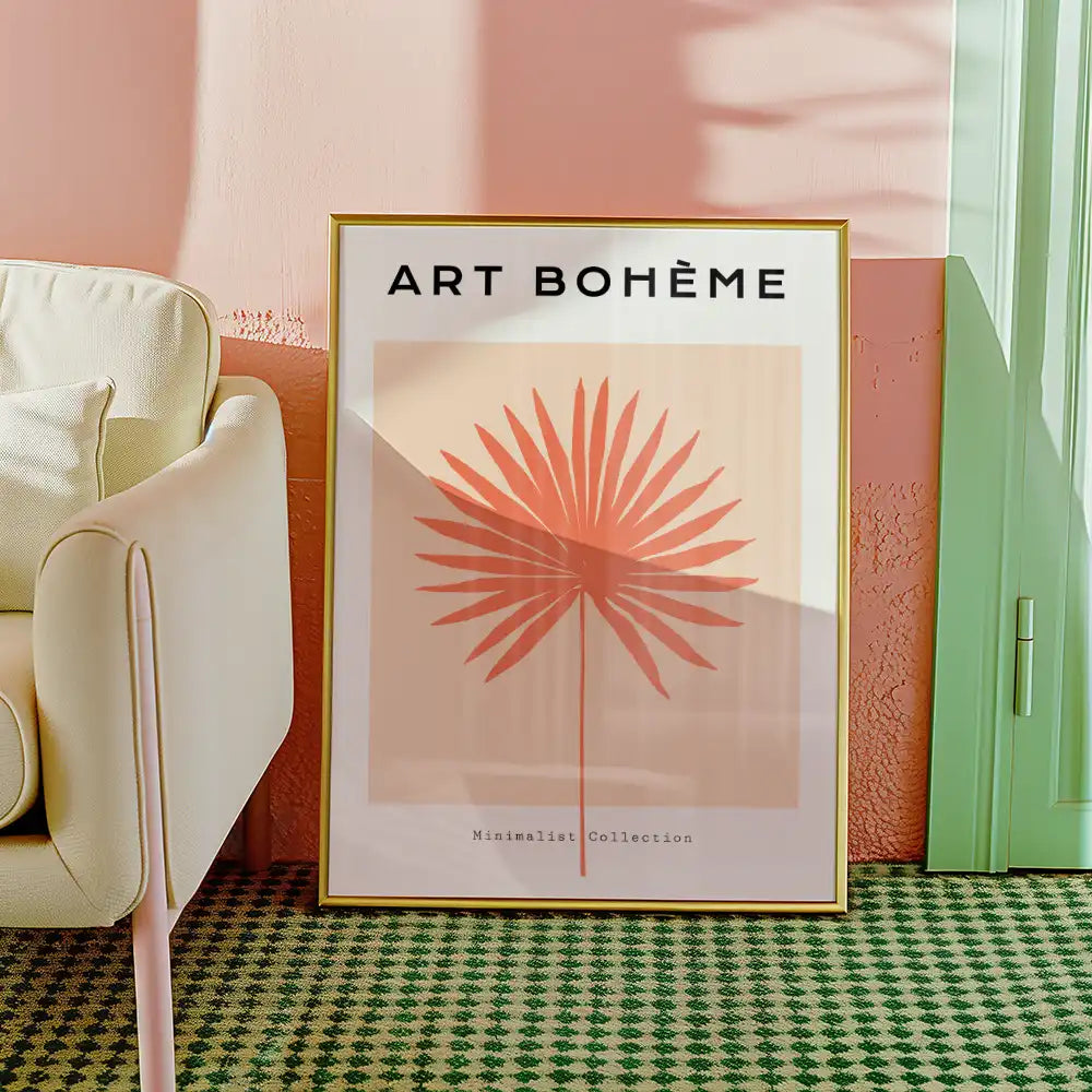 Modern poster featuring a minimalist palm leaf design with the text "ART BOHÈME" and "Minimalist Collection," perfect for contemporary home decor.
