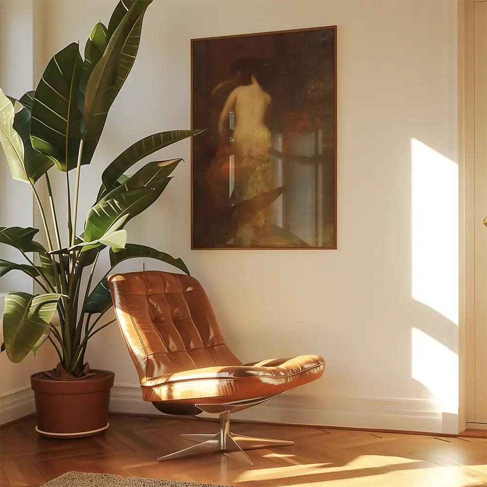 Relaxing interior scene featuring a vintage brown chair, a large potted plant, and a framed painting on the wall.
