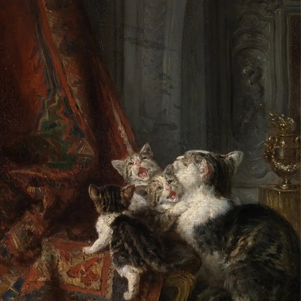 Painting of a woman with four meowing cats gathered at her feet, set against a rich red backdrop.
