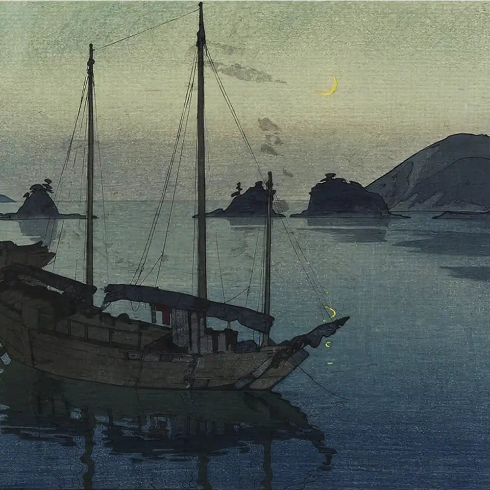 Painting of a traditional wooden boat anchored in calm waters at dusk, with mountains in the background and a crescent moon visible in the sky.