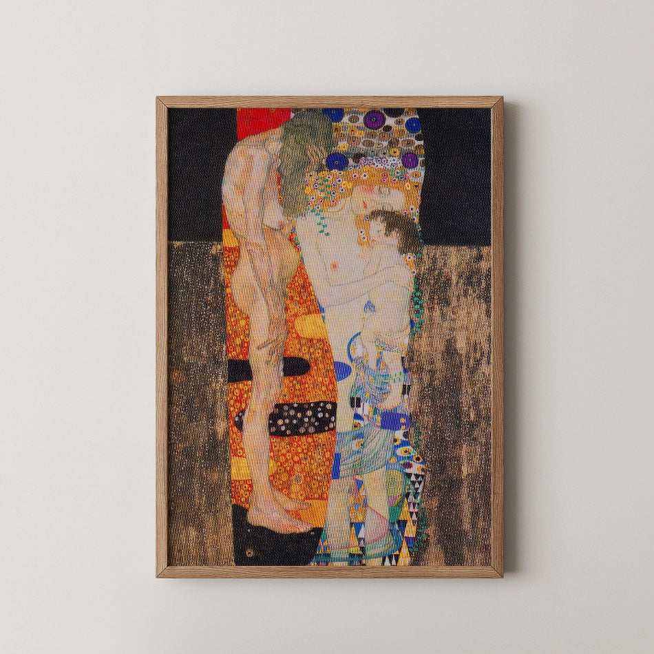 Framed painting showcasing a romantic figure composition with vibrant colors and intricate patterns.