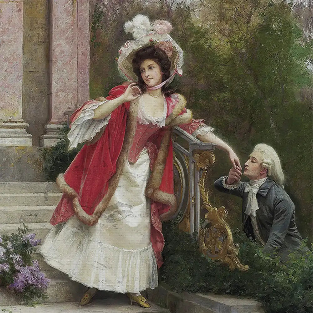 A romantic scene featuring a woman in a lavish red gown and ornate hat interacting with a man in period attire, set against a lush garden backdrop.