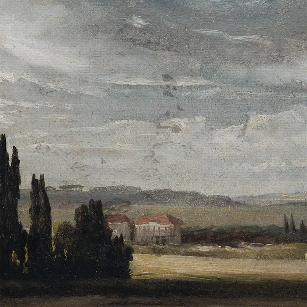 Landscape painting featuring gray skies, distant hills, and cypress trees with a farmhouse in the foreground.
